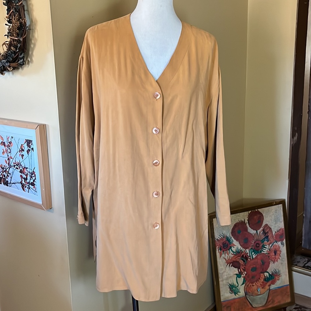 AMBER STONE Size 12 Tunic Length V-Neck 100% Silk Button-Front Blouse LagenLook